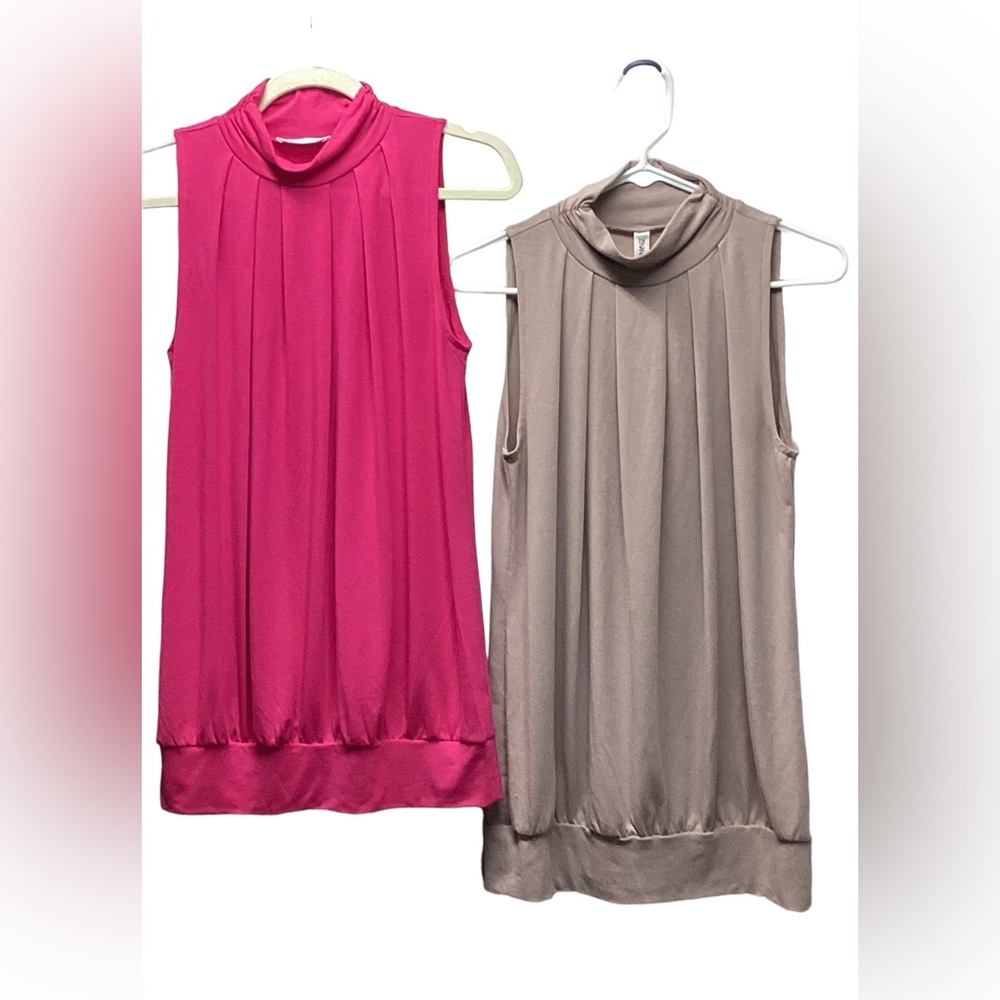 Zenana sleeveless high neck tops(2). 1 is Fuchsia. 1 deep tan. Size Small